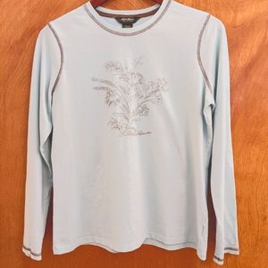 Eddie Bauer pale blue long sleeve crew neck tee w/ embroidery, size M petite